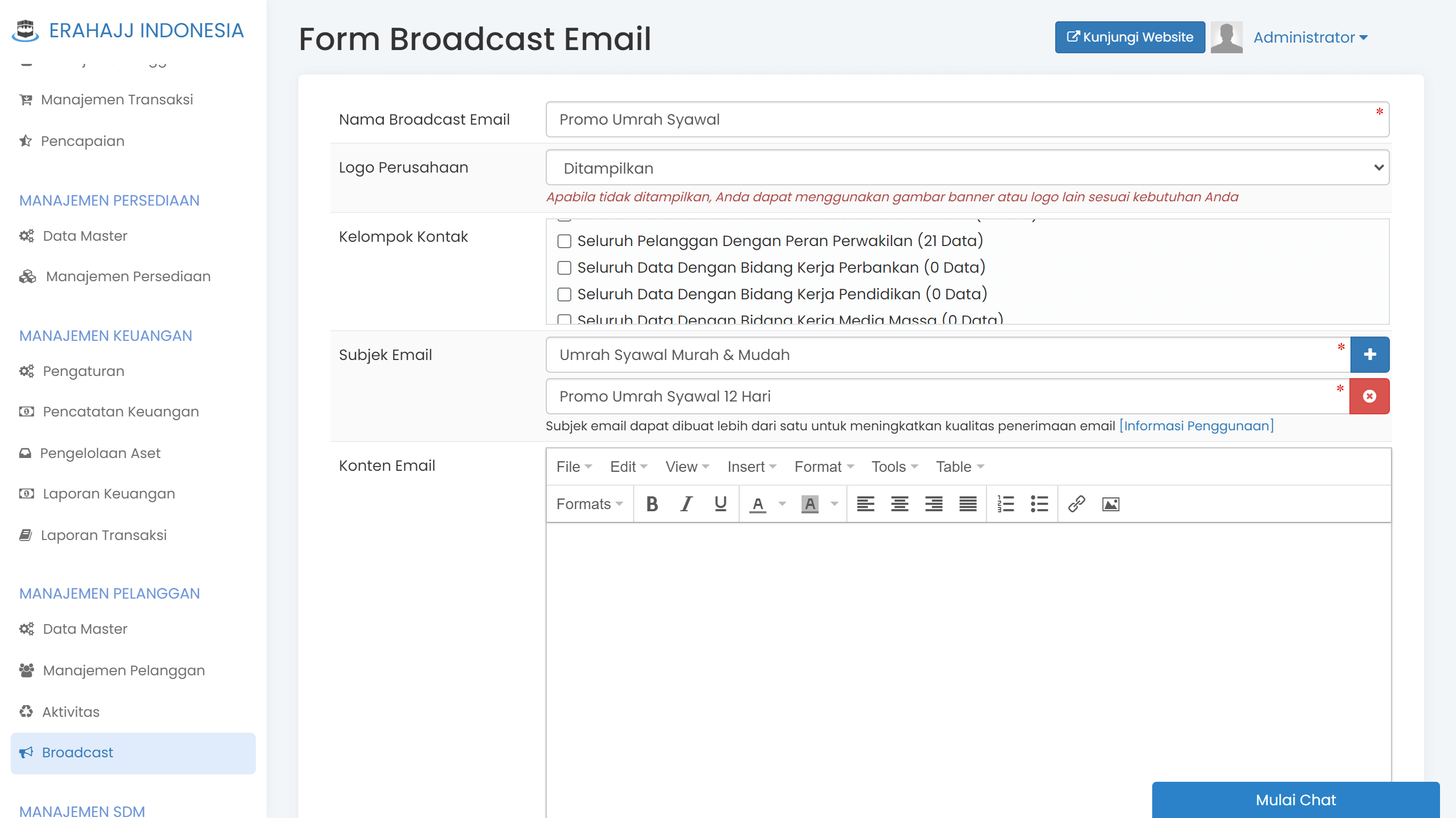 Layar broadcast email dan SMS di CRM Erahajj