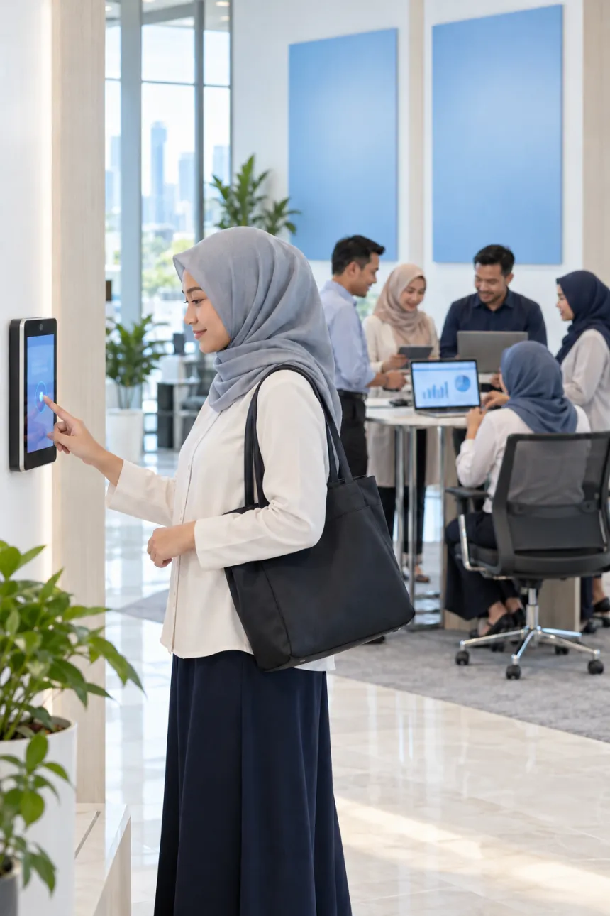 Karyawan travel melakukan presensi digital di kantor